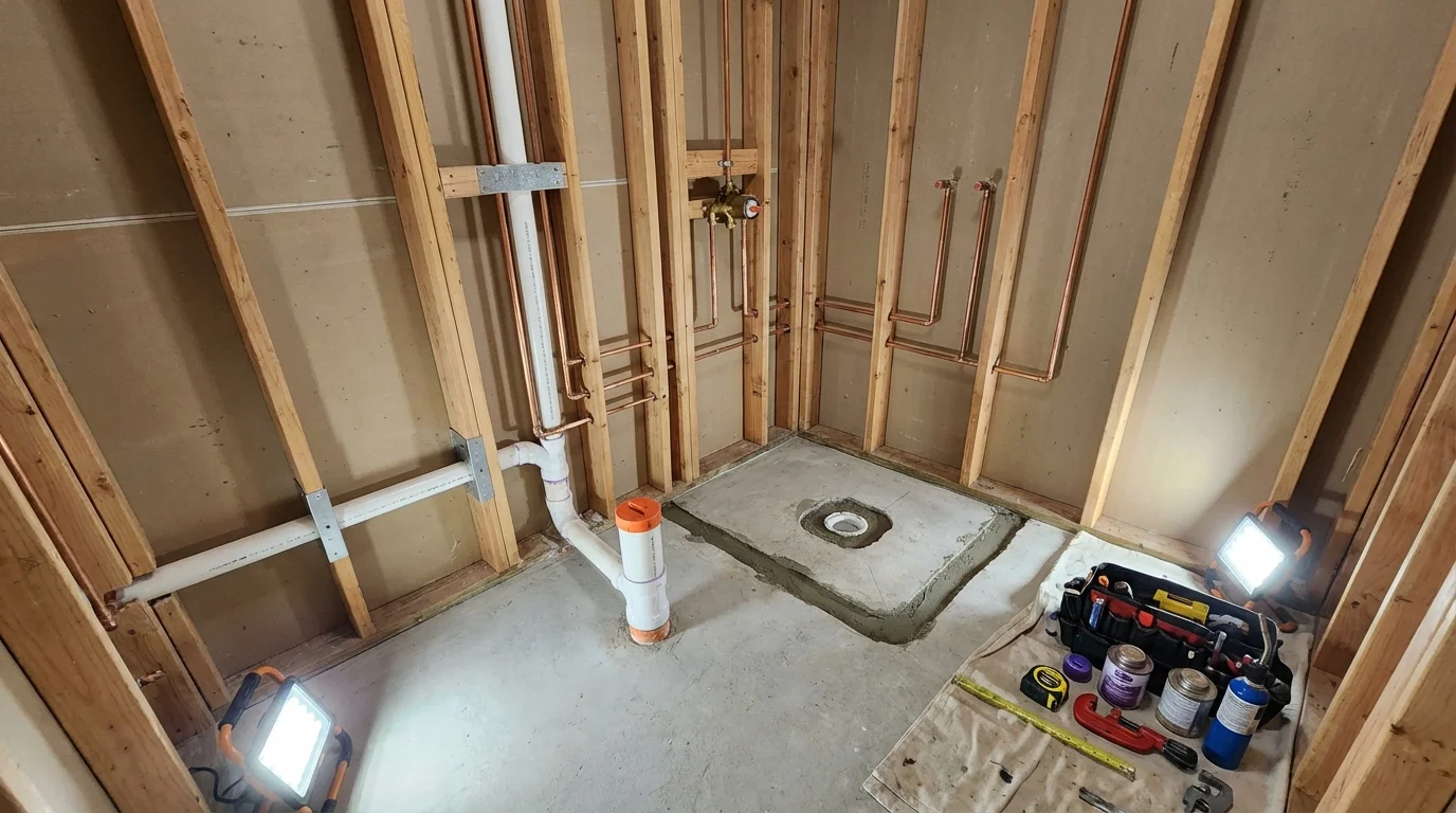 Bathroom rough-in plumbing during remodel by Johns Plumbing LLC in Hood River