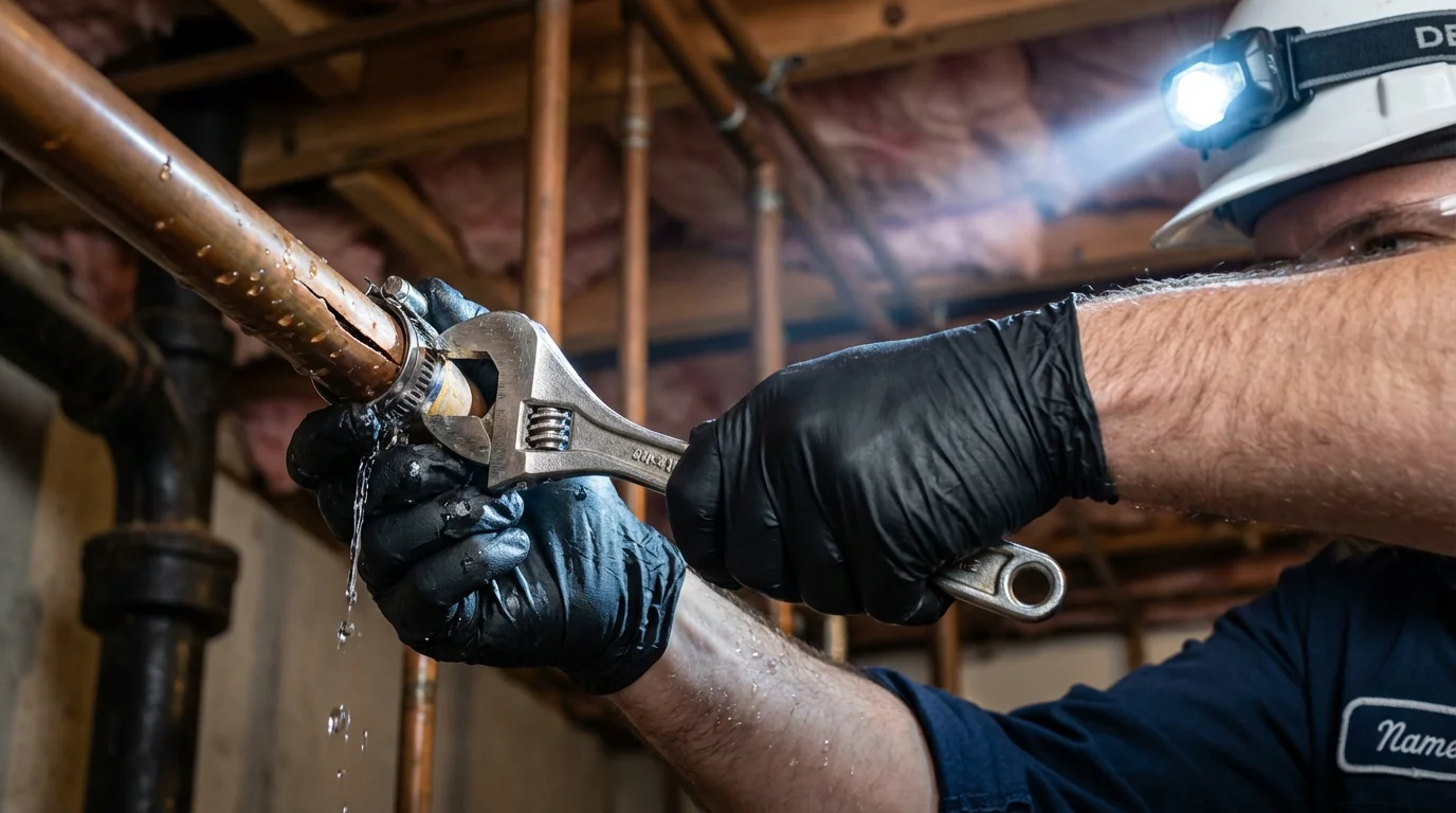 Emergency pipe clamp repair being performed by a Johns Plumbing LLC plumber in Hood River
