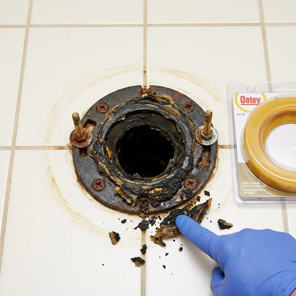 Failed wax ring showing water seepage at the base of a toilet in a Hood River, OR home