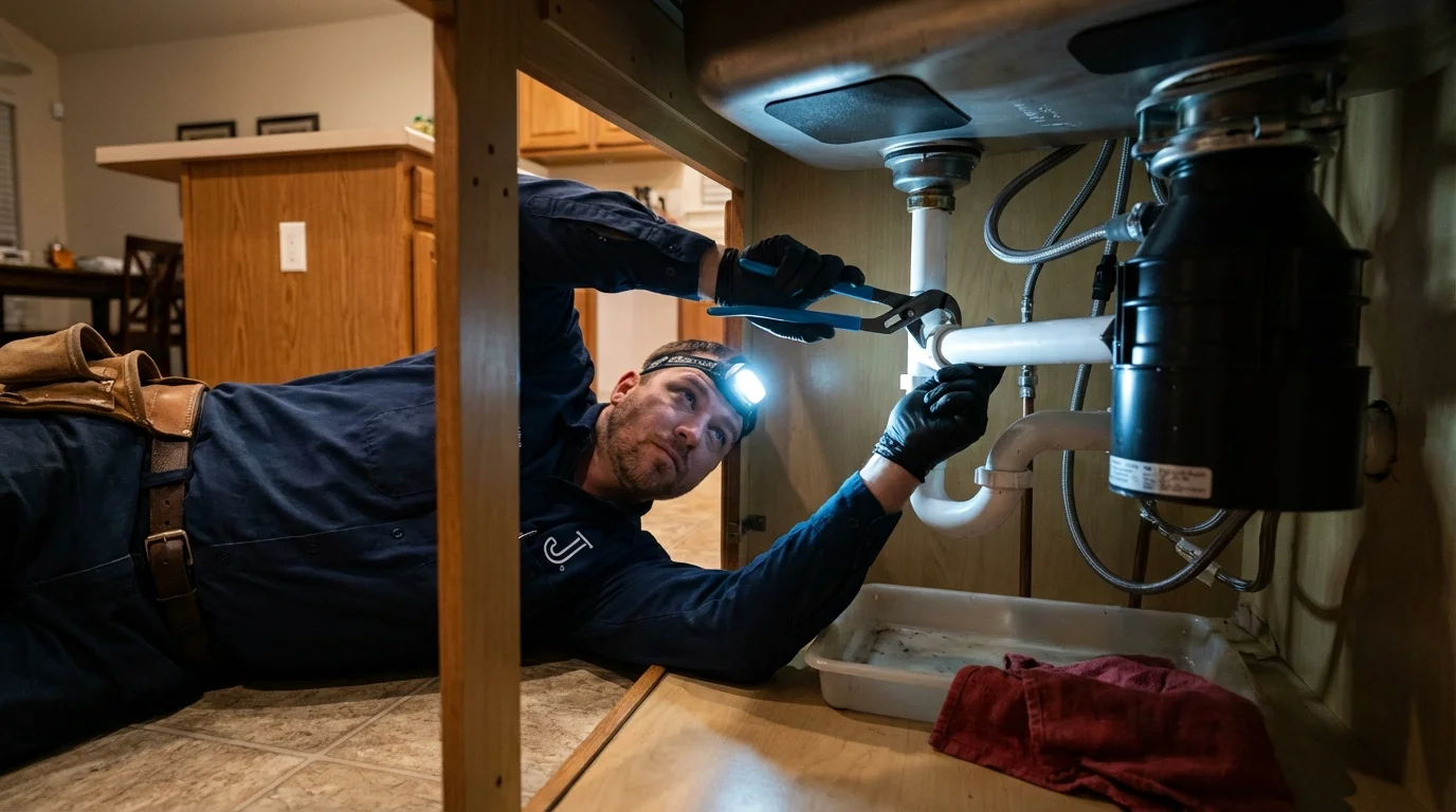 P-trap and supply line connections under a kitchen sink showing a common leak point in Hood River, OR